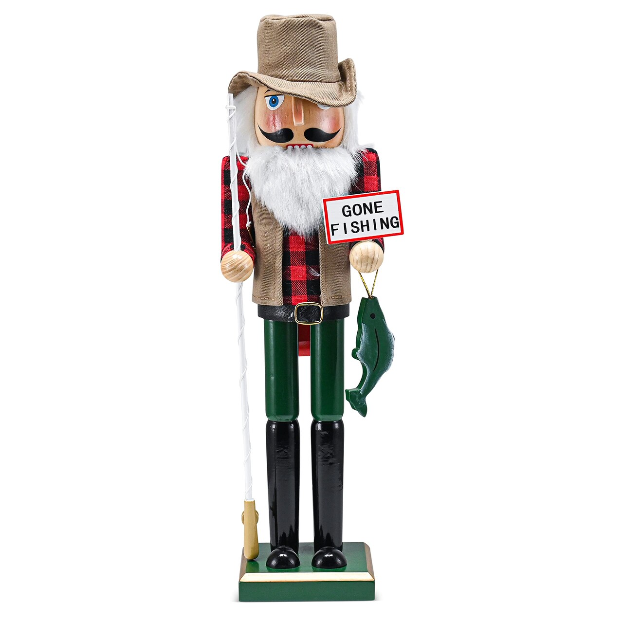 Ornativity Christmas Fisher Man Nutcracker – Red and Green Wooden Fisherman Nutcracker Man with Fishing Rod and Fish in Hand Xmas Themed Holiday Nut Cracker Doll Figure Decorations